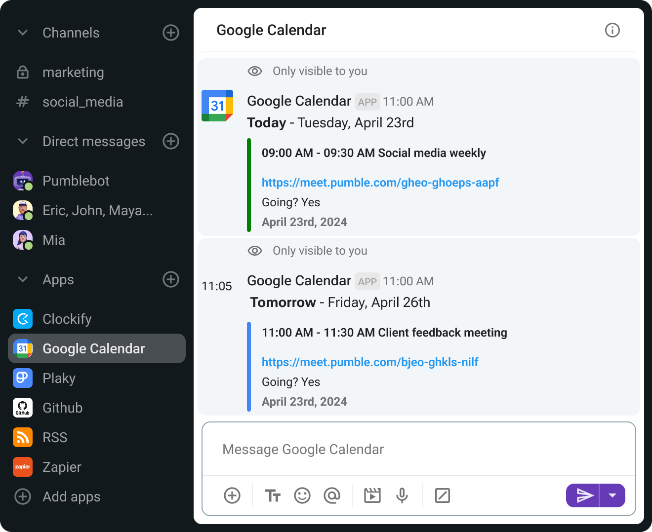 See your Google Calendar schedule in Pumble